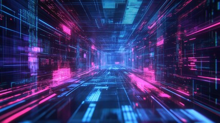 Digital data flowing through an abstract tunnel, creating a futuristic network visualization with glowing lines and binary code representing technology and connectivity concepts