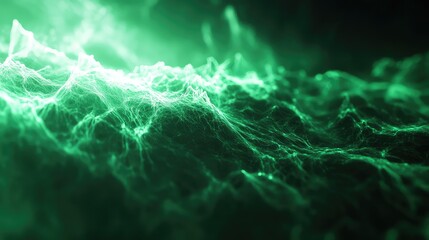 Abstract green glowing neural network pattern forming a complex web, representing concepts of technology, data flow, artificial intelligence, growth, and scientific processes