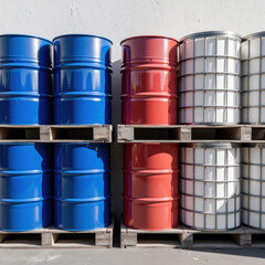 Colorful barrels stacked on wooden pallets create striking industrial scene. blue, red, and white barrels add vibrancy to storage area