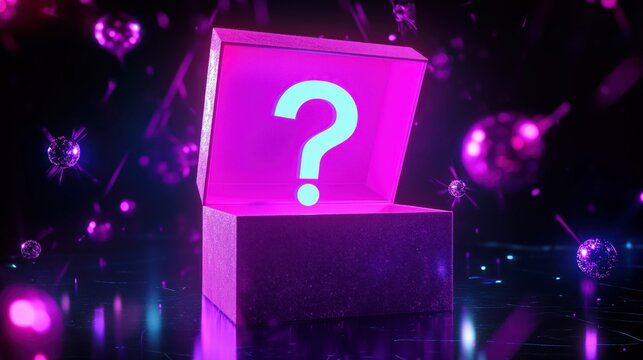 Mysterious open box with glowing question mark inside, surrounded by vibrant particles and abstract shapes, creating an intriguing and captivating atmosphere of curiosity and wonder