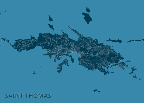 Map of Saint Thomas Island. The map is rendered in shades of blue, with the landmass depicted in a darker blue and the surrounding ocean in a lighter blue. White lines trace the roads