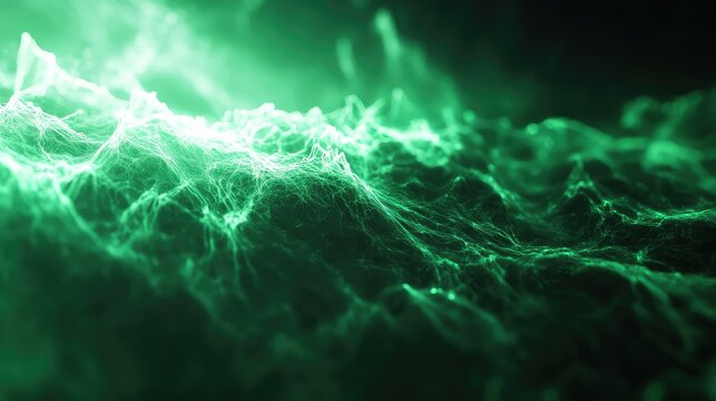 Abstract green glowing neural network pattern forming a complex web, representing concepts of technology, data flow, artificial intelligence, growth, and scientific processes - Powered by Adobe
