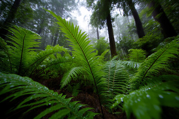 Fototapeta premium A captivating view of vibrant ferns glistening with raindrops in a misty forest, evoking peace and a sense of connection to nature's beauty and lush surroundings.