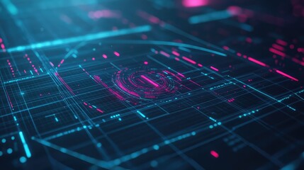 Abstract digital grid visualizing complex data flow and futuristic technology with glowing lines, illustrating concepts of big data, cybersecurity, and artificial intelligence circuits