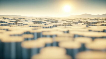 Abstract landscape of glowing geometric columns at sunrise. Futuristic digital terrain. Ideal for tech innovations, solar energy data, corporate backgrounds, cloud computing & financial growth - Powered by Adobe