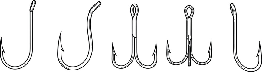 Black and White Line Art Vector Set of Different Fishing Hook Types, Including Single and Treble Hooks, for Angling Design