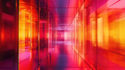 Abstract glass tunnel creating a futuristic digital pathway with vibrant red, orange, and purple light reflections, generating a modern high tech background