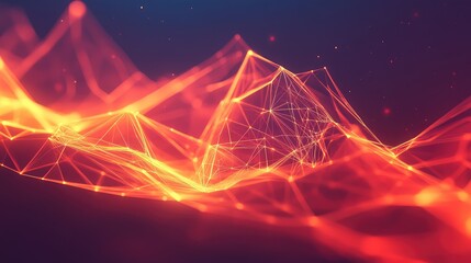 Abstract network of glowing red and orange connected lines and points creating a digital landscape or data visualization, representing technology, communication, and big data concepts