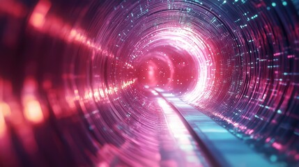Fiber optic tunnel forming a futuristic pathway, moving at high speed, illustrating information transfer, big data stream, or network communication with vibrant glowing particles