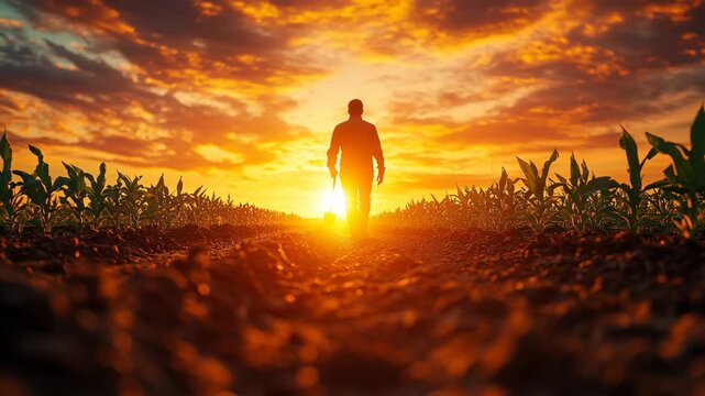 Farmer silhouette walking in sunset cornfield with shovel. Hard work concept. Ideal for agriculture news, patriotic videos, country music clips, climate change stories & farm documentaries.
