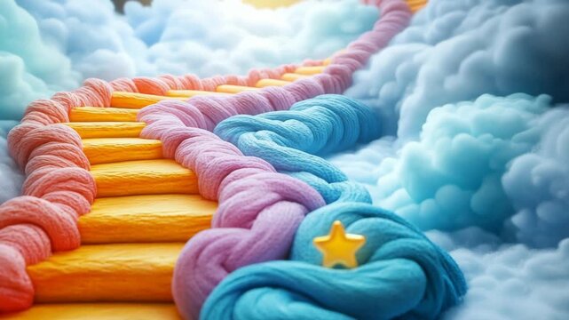 Fantasy knitted staircase winding through soft clouds. Woolen path to heaven with star. Ideal for children storytelling, lullaby videos, baby product ads, magic intros & cute animation background.