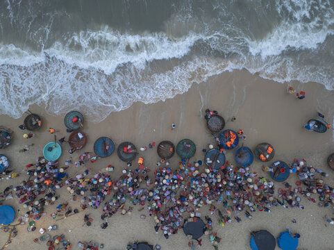 Aerial view of colorful coracles dotting the tan sand as waves crash on the shore, a bustling scene of activity unfolds, Tam Tien, Quang Nam, Vietnam