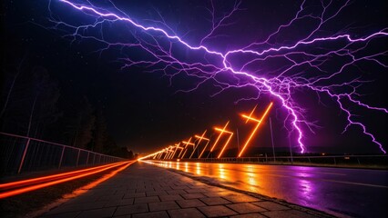 Vibrant Neon Streaks Under Electric Purple Lightning