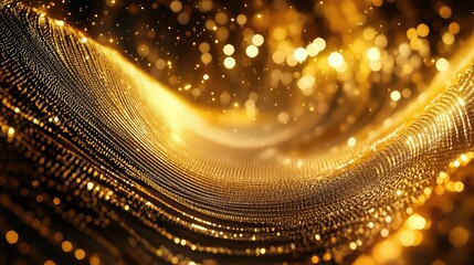 Abstract golden particles and shimmering lights creating a dynamic wave pattern, illustrating concepts of luxury, technology, celebration, and digital connection