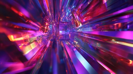 Glowing crystal tunnel corridors form a vibrant neon portal of light and data, a futuristic geometric passage with refracted colors and dynamic motion suggesting speed and virtual depth