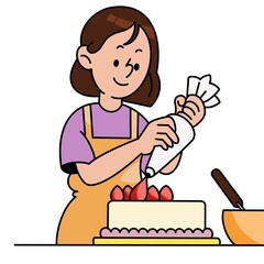 Woman cooking sweet cookie at home kitchen. Young girl preparing eggs in bowl, spices for homemade bakery, biscuits. Cook process, baking winter cake, Christmas dessert. Flat vector illustration