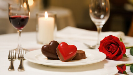 Romantic table setting with chocolates and wine