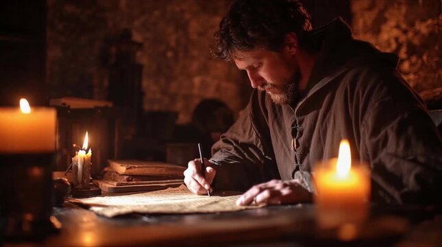 A medieval scribe writes by candlelight in a dimly lit room. The video captures a side angle, highlighting the rustic and historical ambiance