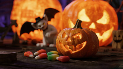 Carved pumpkin with candy and bat figurine