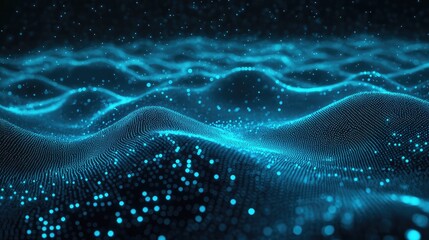 Glowing blue particle wave forming an undulating data surface over dark background, visualizing interconnected networks, big data flow, ai driven analysis and futuristic digital communication