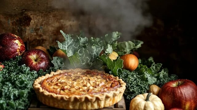 Steaming hot apple pie on rustic table with autumn harvest vegetables. Cozy still life. Ideal for Thanksgiving commercials, bakery ads, culinary blogs, cooking shows & seasonal menu design