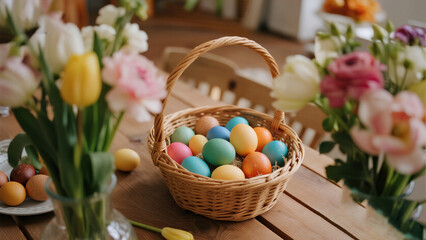 Easter eggs in wicker basket with flowers
