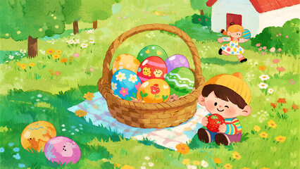 Children with Easter eggs in garden