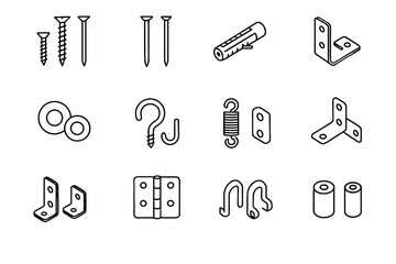 Fototapeta premium Hooks screws icon hinge assorted spacers hardware clips vector brackets plugs grid
