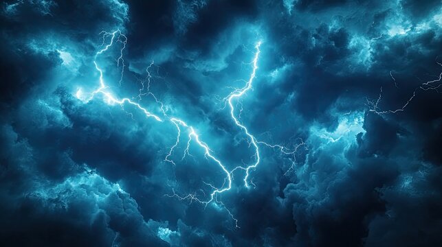 Lightning bolts crack across a dark blue, cloud filled sky, capturing the raw power and drama of a violent thunderstorm and atmospheric energy at night