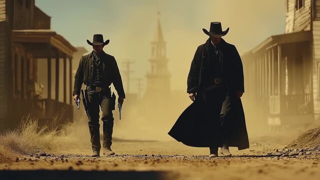 Cinematic cowboys walking in dusty Wild West town. Mysterious gunslingers. Ideal for history documentaries, western movie trailers, country music clips, adventure games & dramatic backgrounds