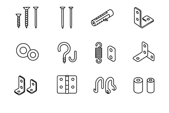 Hooks screws icon hinge assorted spacers hardware clips vector brackets plugs grid