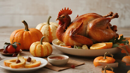 Roasted turkey with pumpkins and autumn fruits