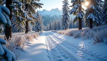 Winter landscape with snowy forest and mountain backdrop, featuring a path with footprints under sunlight

