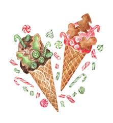 Christmas ice cream cones with gingerbread and candy canes. Watercolor illustration of chocolate and strawberry ice cream in traditional festive green and red colors decorated with candies