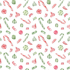 Christmas seamless pattern with traditional red and green candy canes and lollipops. Watercolor hand drawn festive design for wallpapers, fabric, home textile, gift paper, and more