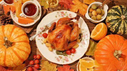 Roasted turkey with autumn harvest decorations