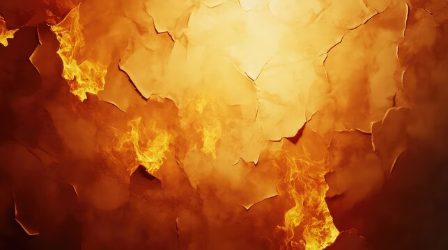 Abstract background surface showing distressed pealing layers revealing vibrant fiery orange and yellow flames, creating a dynamic texture of extreme heat and combustion