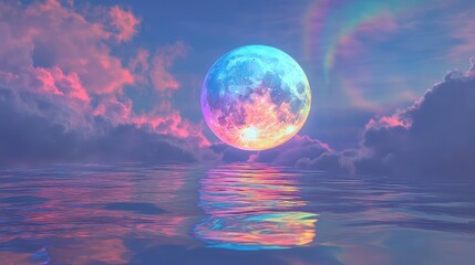 Obraz premium Colorful moon radiating bright light, reflecting its spectrum across the calm ocean surface, surrounded by soft, pastel hued clouds creating a surreal and dreamy fantasy landscape