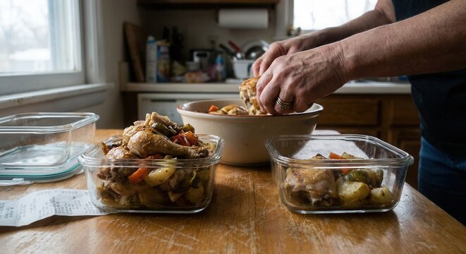 Person preparing a homemade meal in a kitchen with glass containers on a wooden table.
