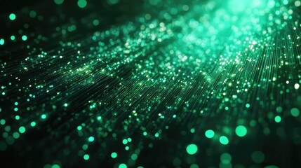 Fiber optic lines transmitting green light particles and data streams across a dark background, representing digital communication, internet connectivity, and modern technology concepts