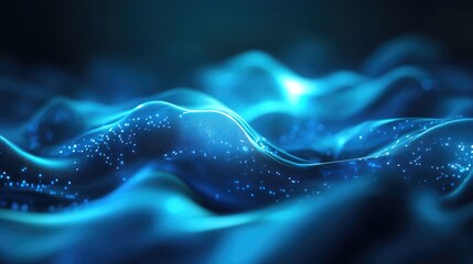 Abstract blue undulating waves with glowing particles creating a conceptual background for advanced technology, big data processing, internet connectivity, and artificial intelligence