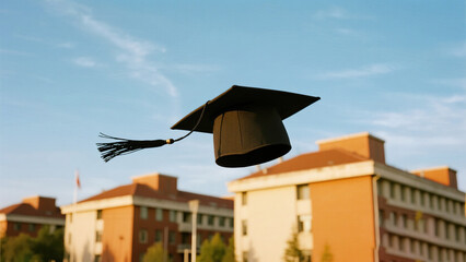 Graduation cap in midair against sky