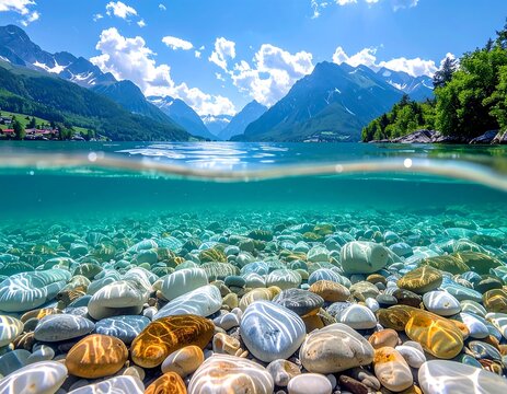 Split-level image showcasing water's surface, submerged rocks, and majestic mountains