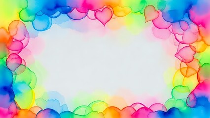 Fototapeta premium Colorful rainbow bubble frame with transparent center for text overlay. Vibrant soap bubbles border creates playful background for presentations and designs.