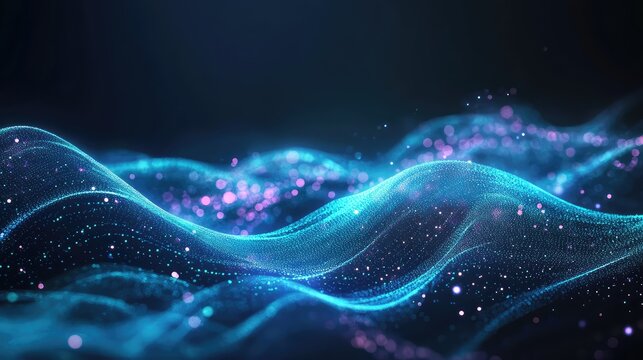 Flowing blue and turquoise particle waves across a dark background, visualizing data transfer, networking and futuristic technology with vibrant glowing light effects and motion - Powered by Adobe