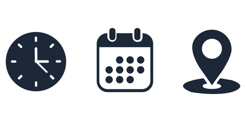 Clock, Calendar, and Location Minimalistic icons representing the essence of scheduling, planning, and marking a specific place in the most elegant and clean way. © Ahluva Studio