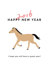 2026年午年の年賀状テンプレート　馬　イラスト　うま年　シンプル　デザイン　年賀　かわいい　はがき