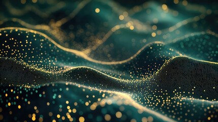 Abstract technology background presenting shimmering golden particles forming undulating waves, visualizing complex data streams and interconnected digital information within a modern network system
