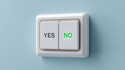 Fototapeta premium White switch panel featuring two buttons labeled YES and NO, illuminated with green light, set against a soft blue background, symbolizing decision-making and choices in modern technology
