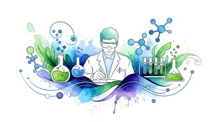 Scientist in lab coat conducting research with molecular structures, test tubes and green plants on colorful watercolor background for science education.